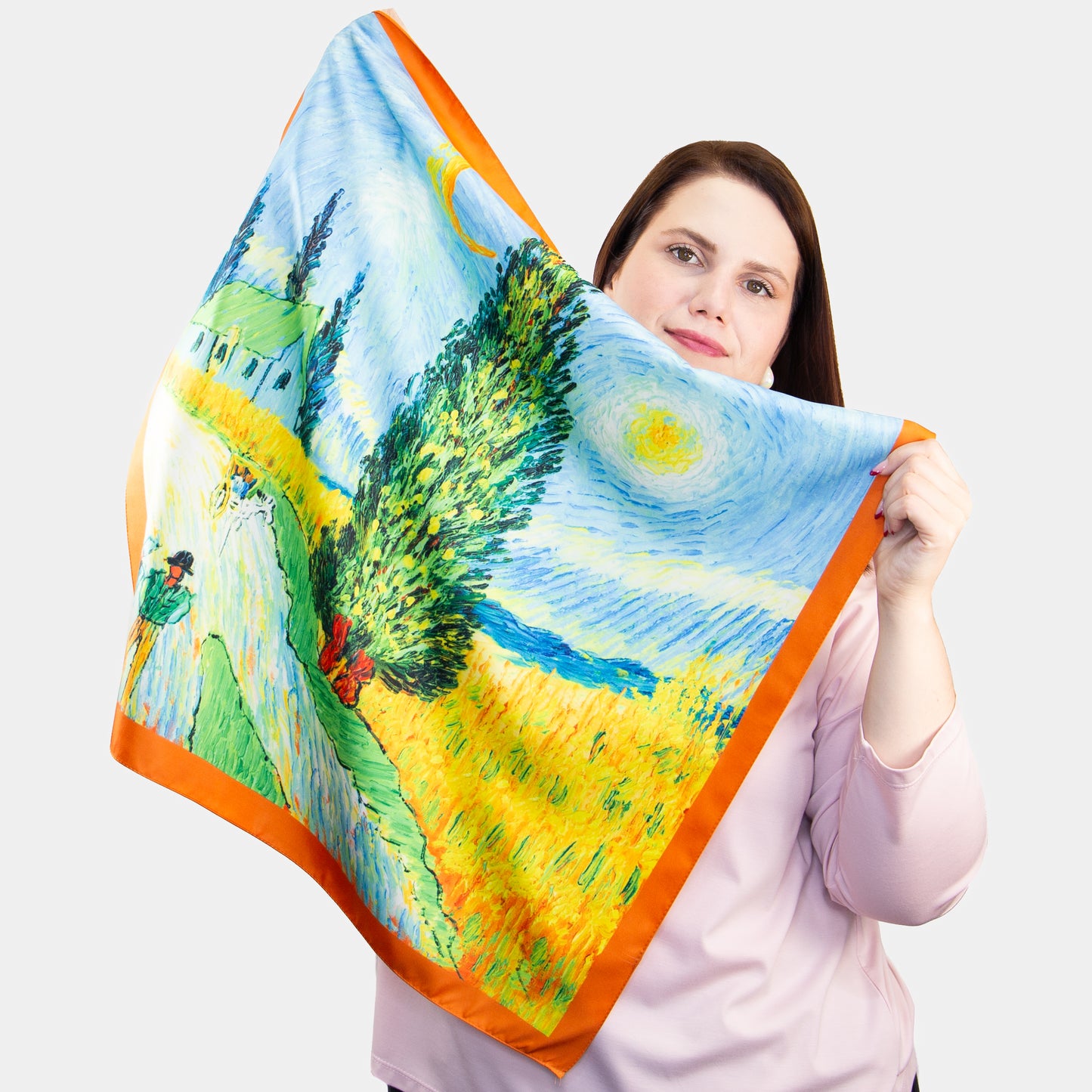 Eșarfă fină și deosebită cu efect mătase, peisaj rustic, 68 x 68 cm - Verde, Galben