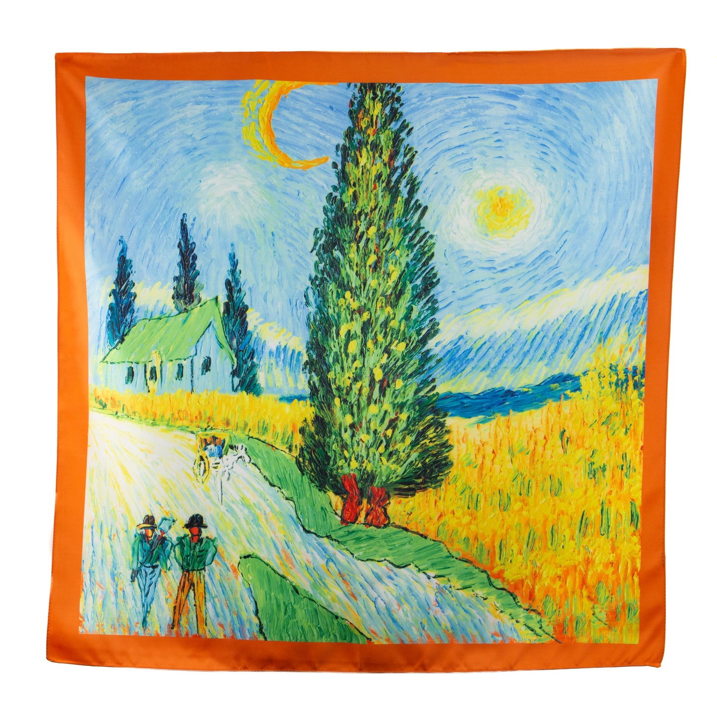 Eșarfă fină și deosebită cu efect mătase, peisaj rustic, 68 x 68 cm - Verde, Galben