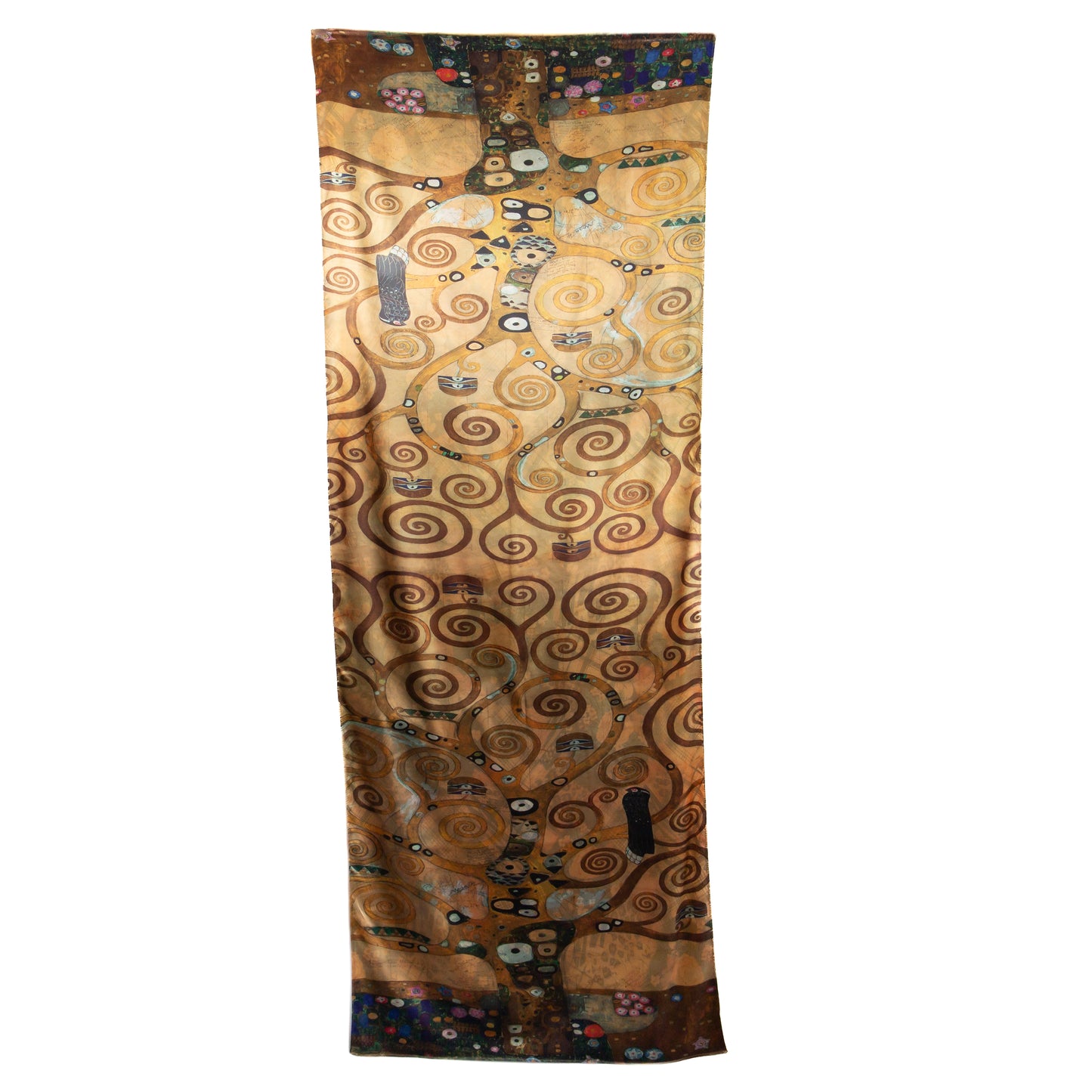 Eșarfă fină și deosebită din satin cu imprimeu față-verso, copac artistic și motive florale, 180 x 68 cm - Maro, Roșu
