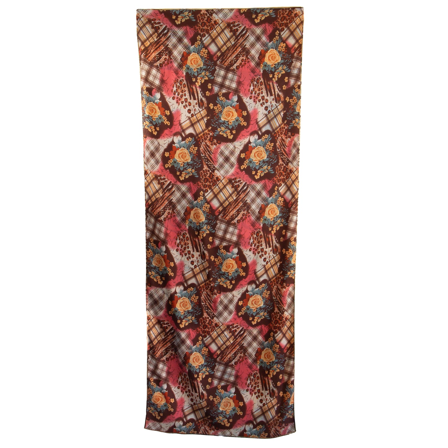 Eșarfă fină și deosebită din satin cu imprimeu față-verso, copac artistic și motive florale, 180 x 68 cm - Maro, Roșu