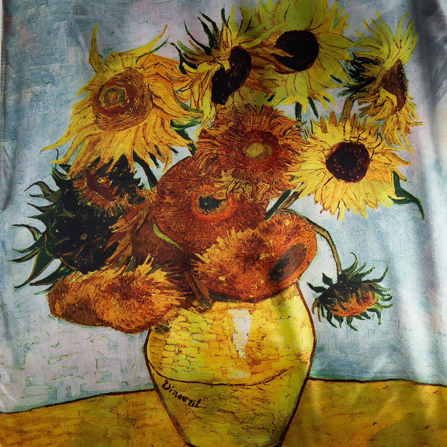 Eșarfă fină și deosebită din satin cu imprimeu față-verso, floarea-soarelui și imprimeu abstract, 180 x 69 cm - Galben, Roz