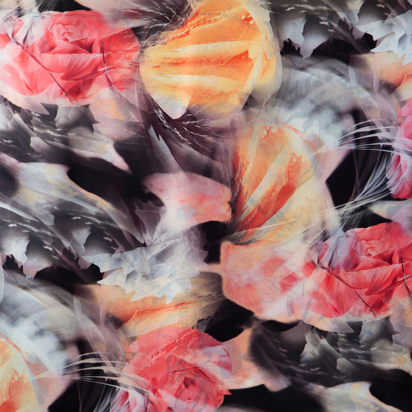 Eșarfă fină și deosebită din satin cu imprimeu față-verso, floarea-soarelui și imprimeu abstract, 180 x 69 cm - Galben, Roz