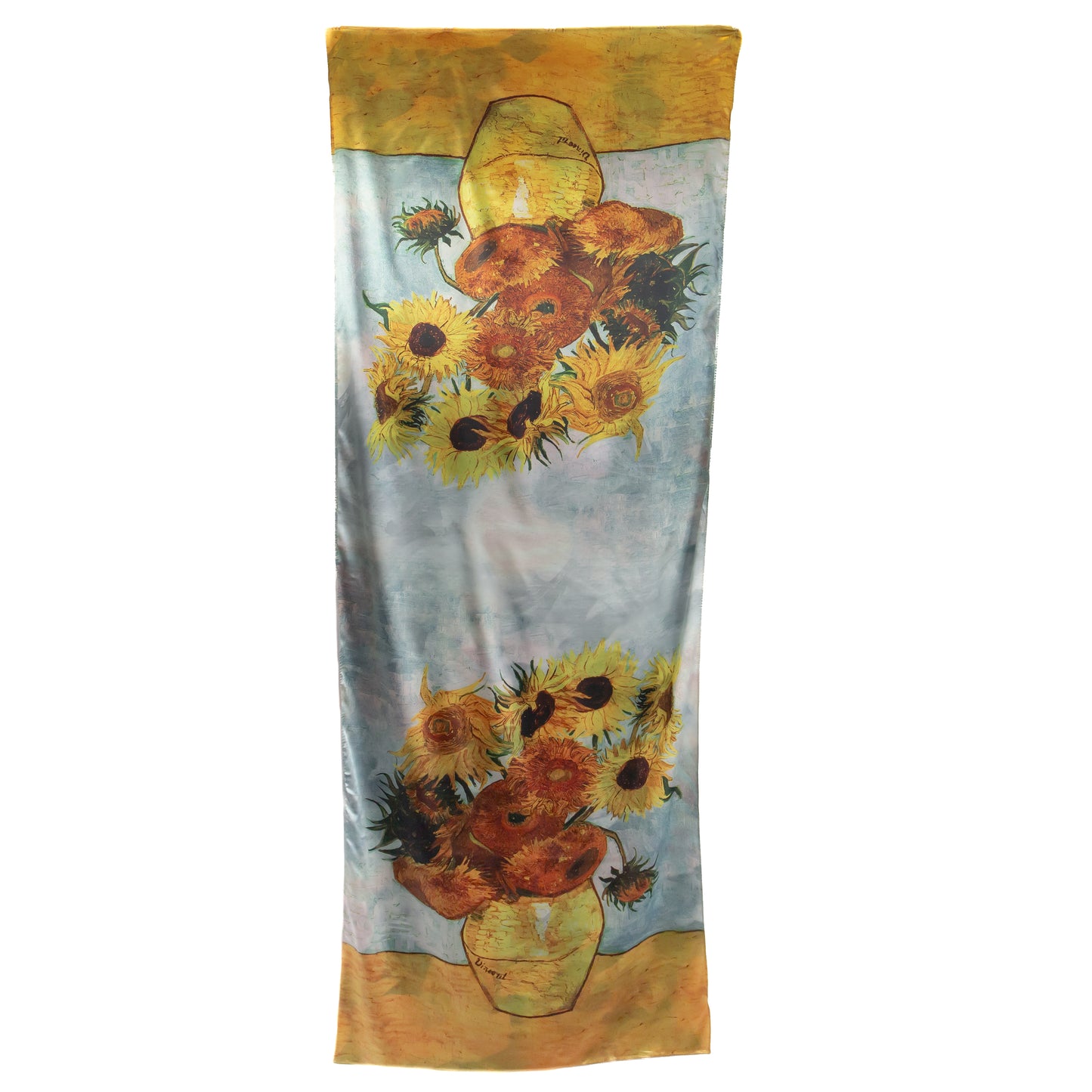 Eșarfă fină și deosebită din satin cu imprimeu față-verso, floarea-soarelui și imprimeu abstract, 180 x 69 cm - Galben, Roz