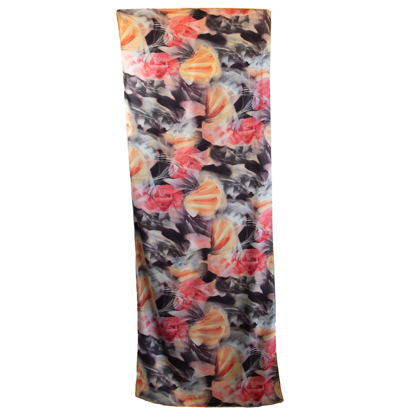 Eșarfă fină și deosebită din satin cu imprimeu față-verso, floarea-soarelui și imprimeu abstract, 180 x 69 cm - Galben, Roz