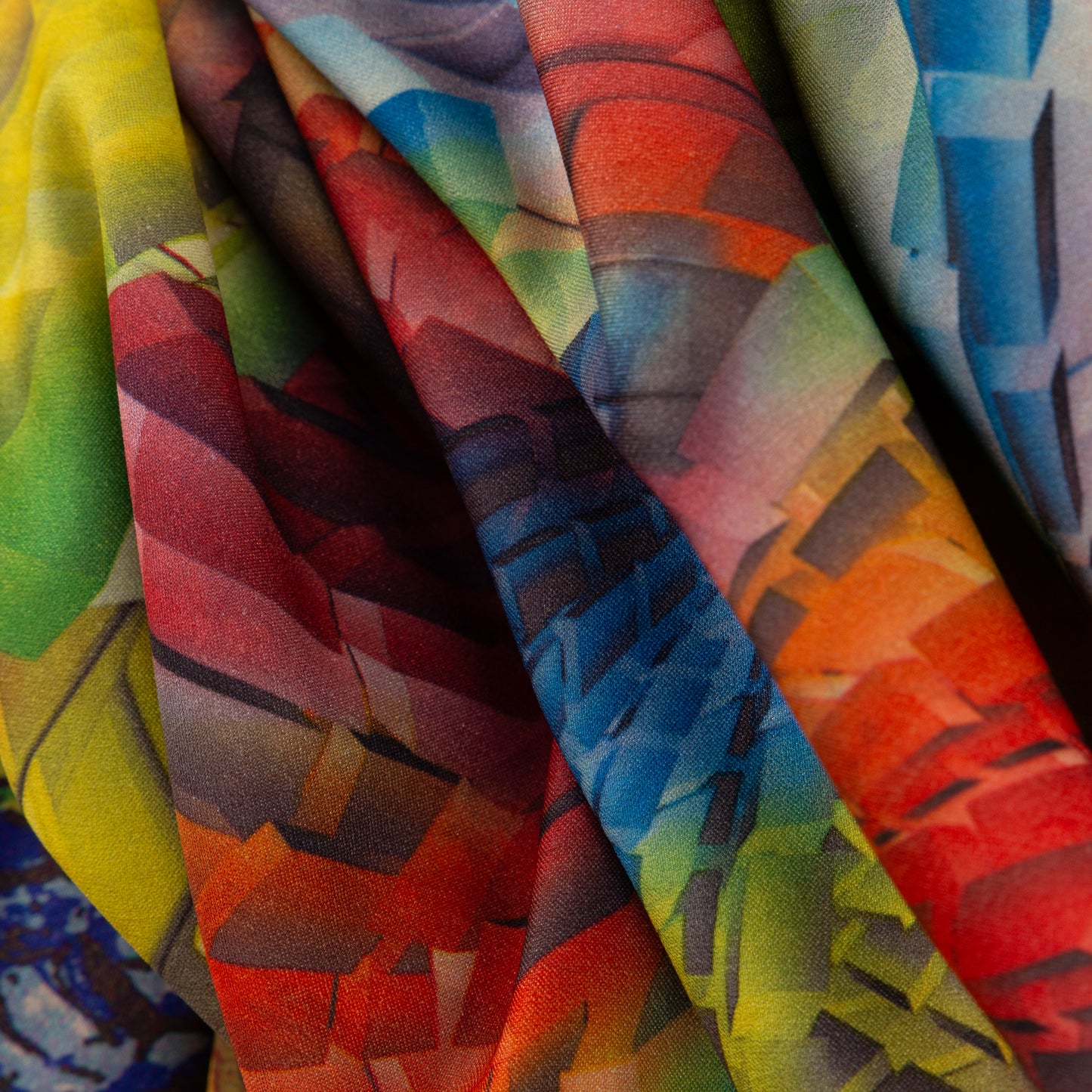 Eșarfă fină și deosebită din satin cu imprimeu față-verso, flori abstracte și forme geometrice colorate, 1880 x 66 cm - Multicolor