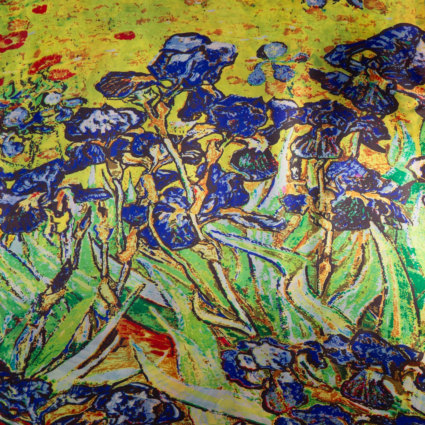 Eșarfă fină și deosebită din satin cu imprimeu față-verso, flori abstracte și forme geometrice colorate, 1880 x 66 cm - Multicolor