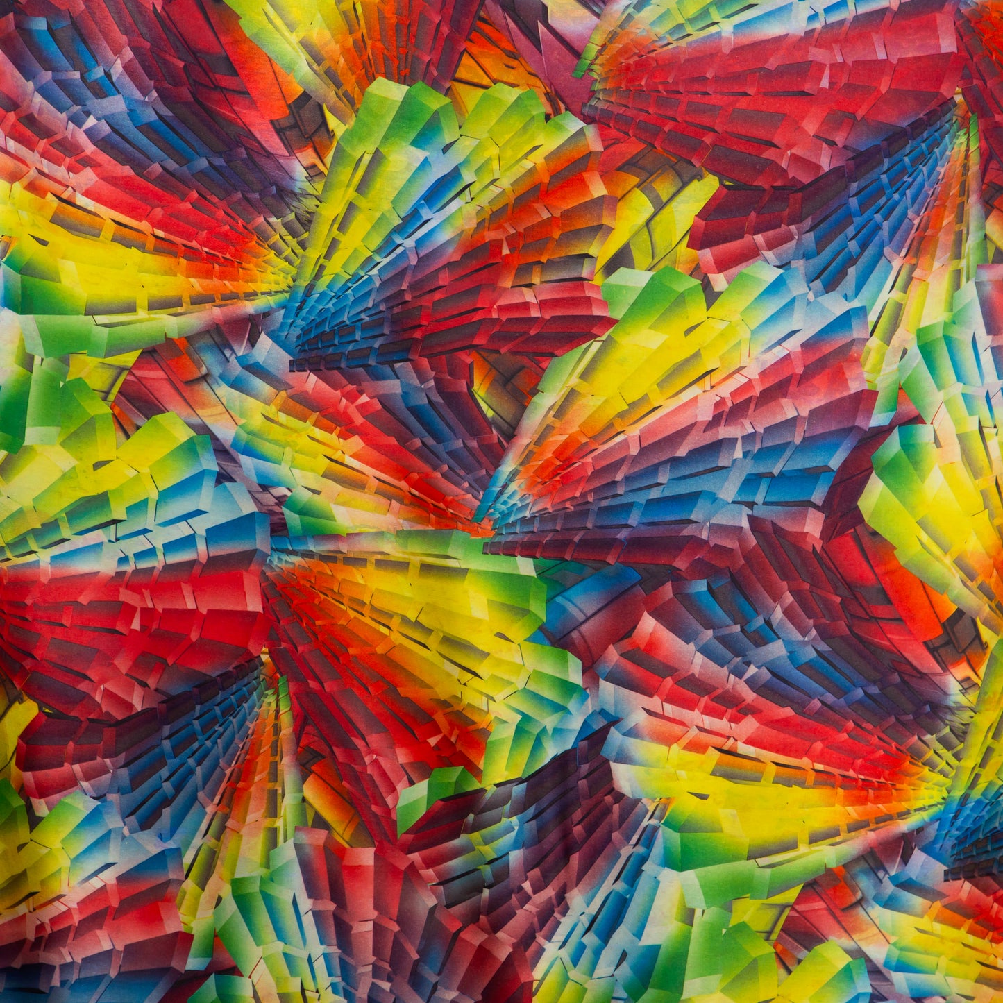 Eșarfă fină și deosebită din satin cu imprimeu față-verso, flori abstracte și forme geometrice colorate, 1880 x 66 cm - Multicolor