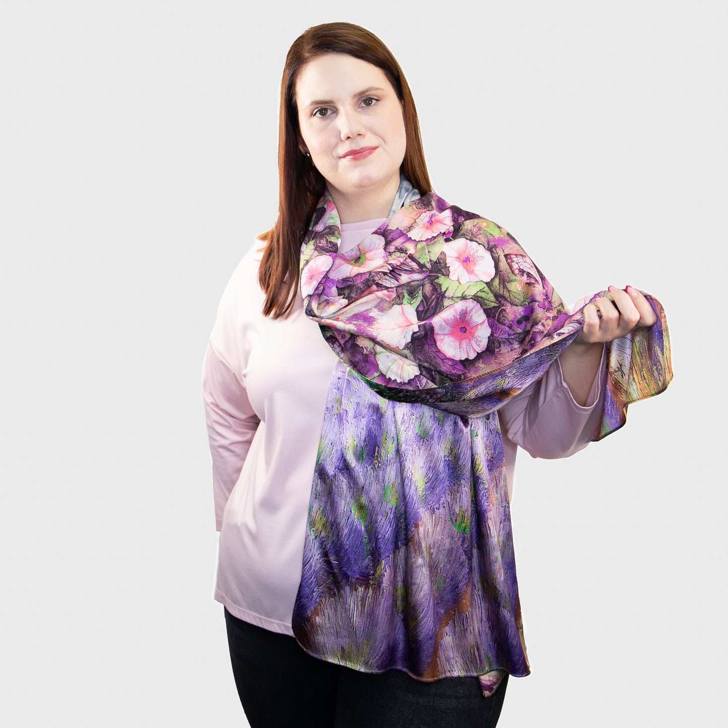 Eșarfă fină și deosebită din satin cu imprimeu față-verso, lavandă și motive florale, 180 x 63 cm - Mov