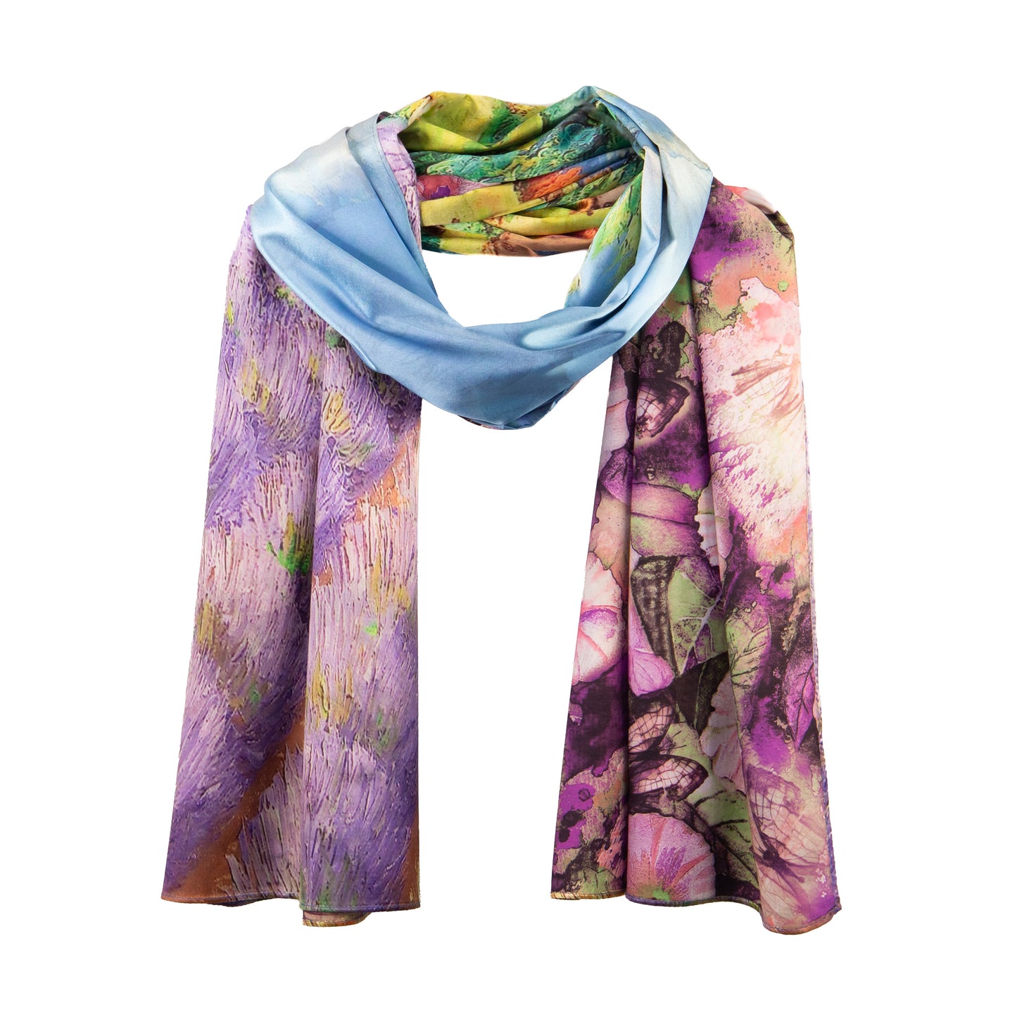 Eșarfă fină și deosebită din satin cu imprimeu față-verso, lavandă și motive florale, 180 x 63 cm - Mov