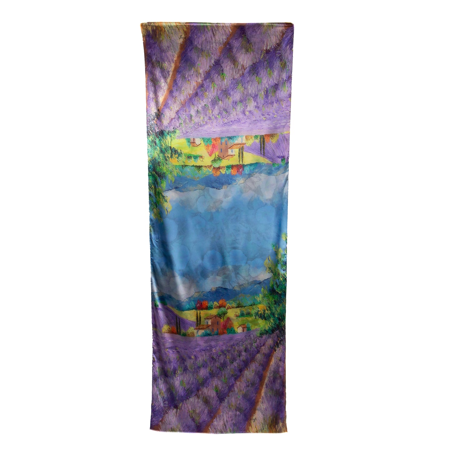 Eșarfă fină și deosebită din satin cu imprimeu față-verso, lavandă și motive florale, 180 x 63 cm - Mov