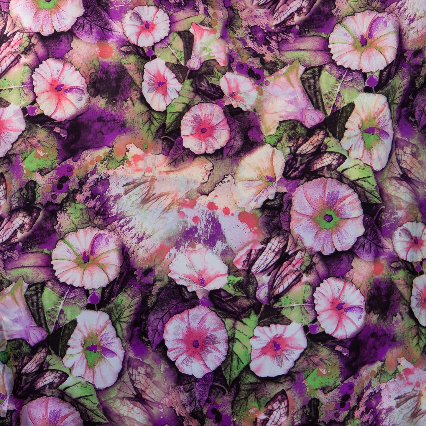 Eșarfă fină și deosebită din satin cu imprimeu față-verso, lavandă și motive florale, 180 x 63 cm - Mov