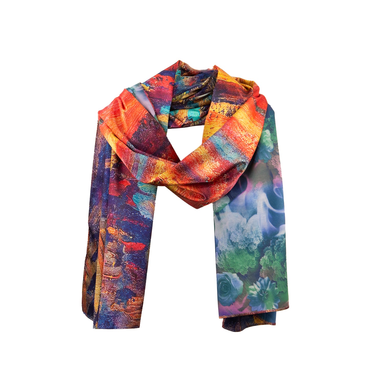 Eșarfă fină și deosebită din satin cu imprimeu față-verso, peisaj abstarct și motive florale, 180 x 68 cm - Multicolor