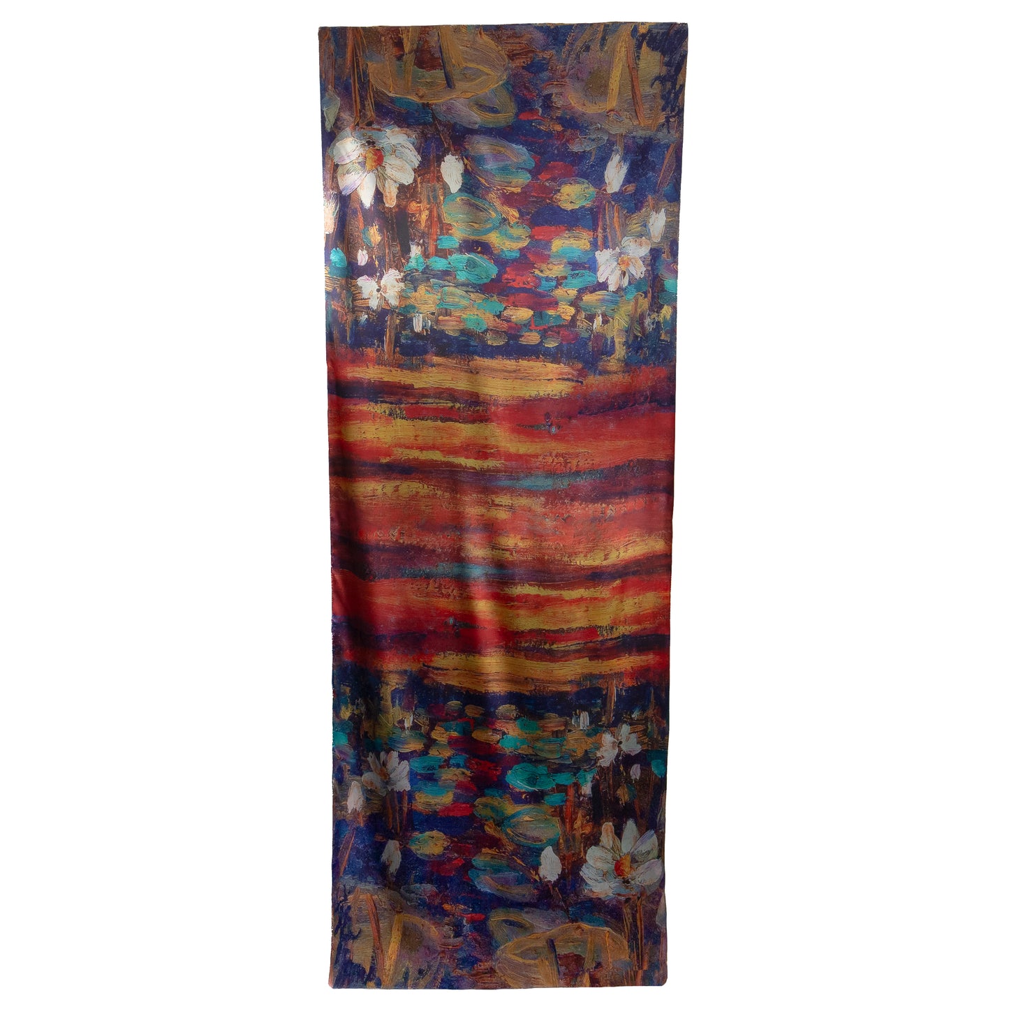 Eșarfă fină și deosebită din satin cu imprimeu față-verso, peisaj abstarct și motive florale, 180 x 68 cm - Multicolor