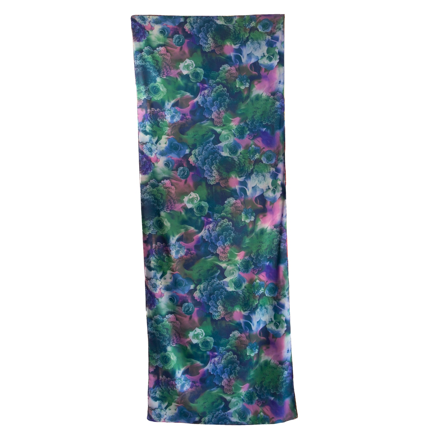 Eșarfă fină și deosebită din satin cu imprimeu față-verso, peisaj abstarct și motive florale, 180 x 68 cm - Multicolor