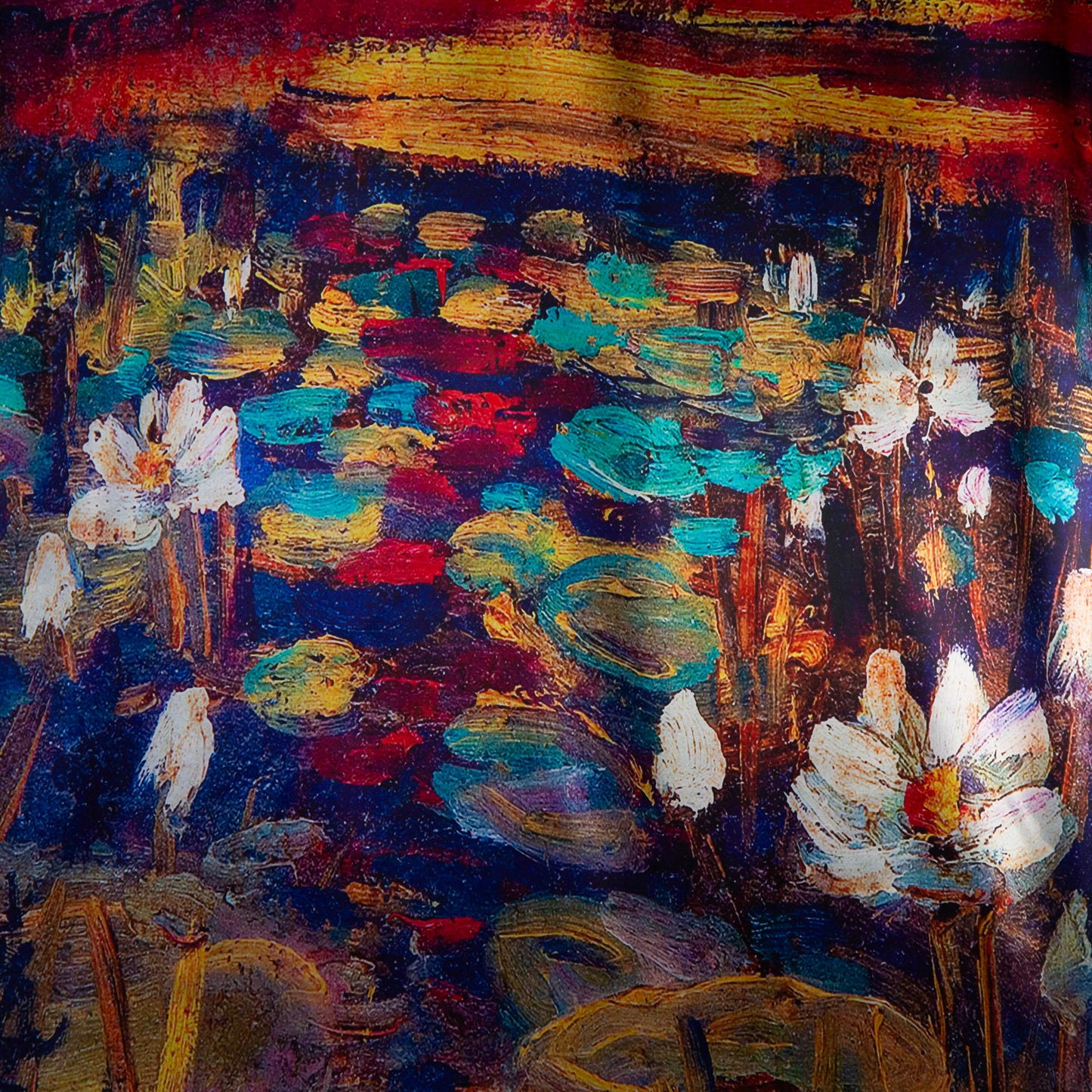 Eșarfă fină și deosebită din satin cu imprimeu față-verso, peisaj abstarct și motive florale, 180 x 68 cm - Multicolor
