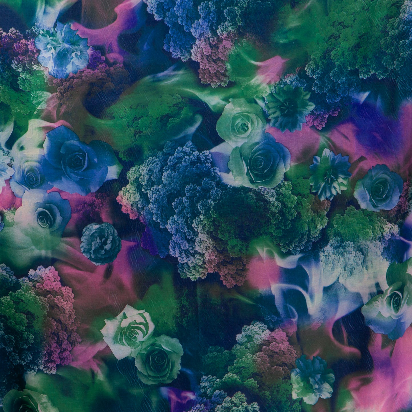 Eșarfă fină și deosebită din satin cu imprimeu față-verso, peisaj abstarct și motive florale, 180 x 68 cm - Multicolor