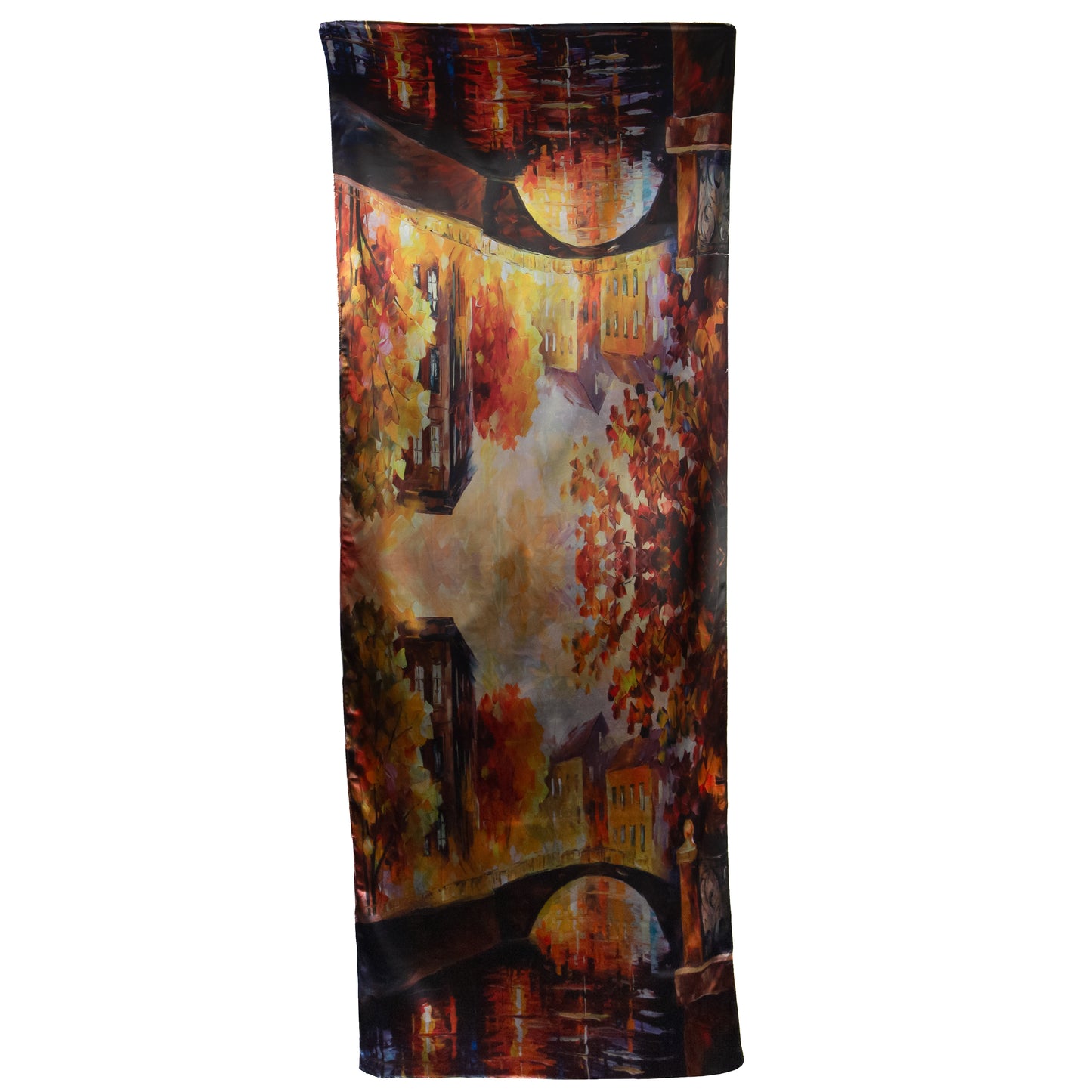 Eșarfă fină și deosebită din satin cu imprimeu față-verso, peisaj pitoresc și motive florale, 180 x 70 cm - Maro