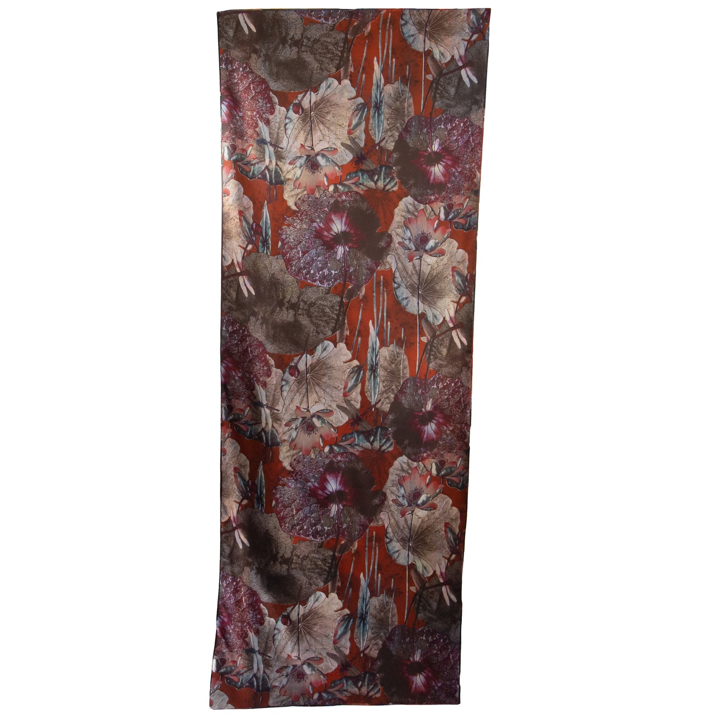 Eșarfă fină și deosebită din satin cu imprimeu față-verso, peisaj pitoresc și motive florale, 180 x 70 cm - Maro