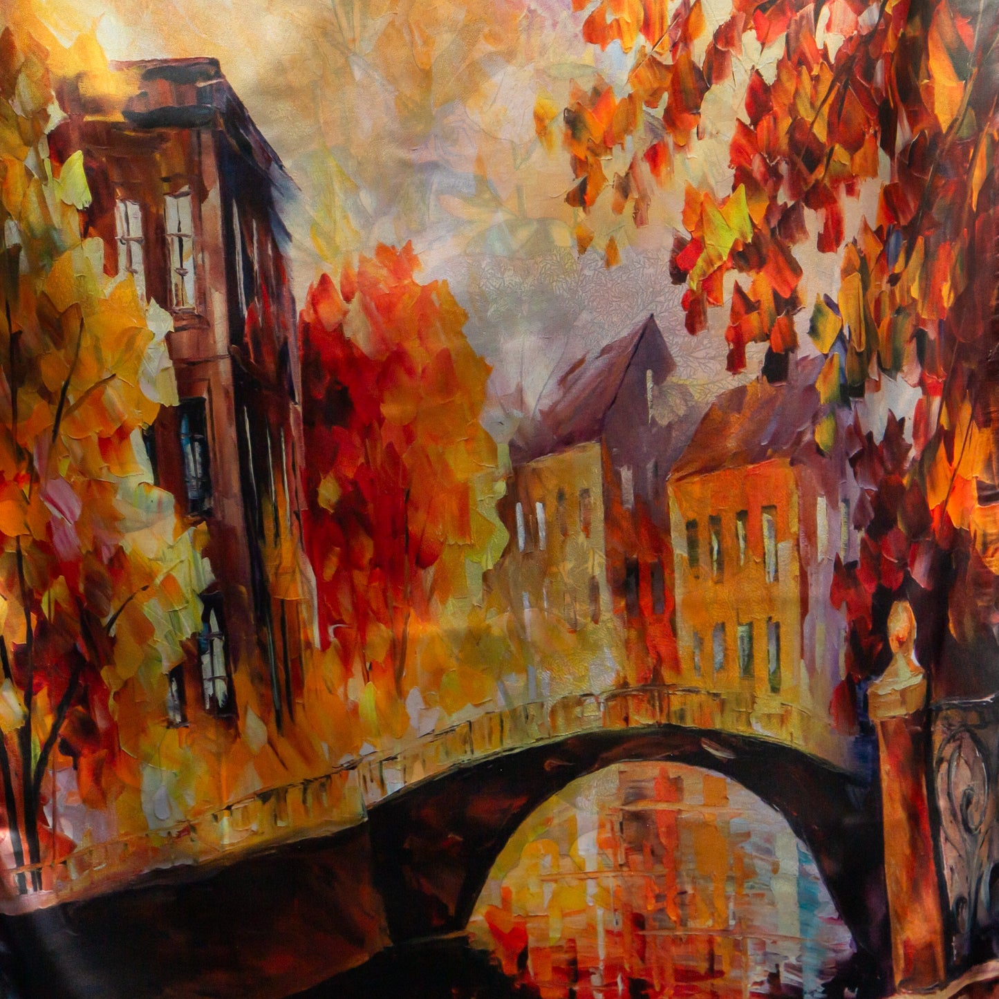 Eșarfă fină și deosebită din satin cu imprimeu față-verso, peisaj pitoresc și motive florale, 180 x 70 cm - Maro