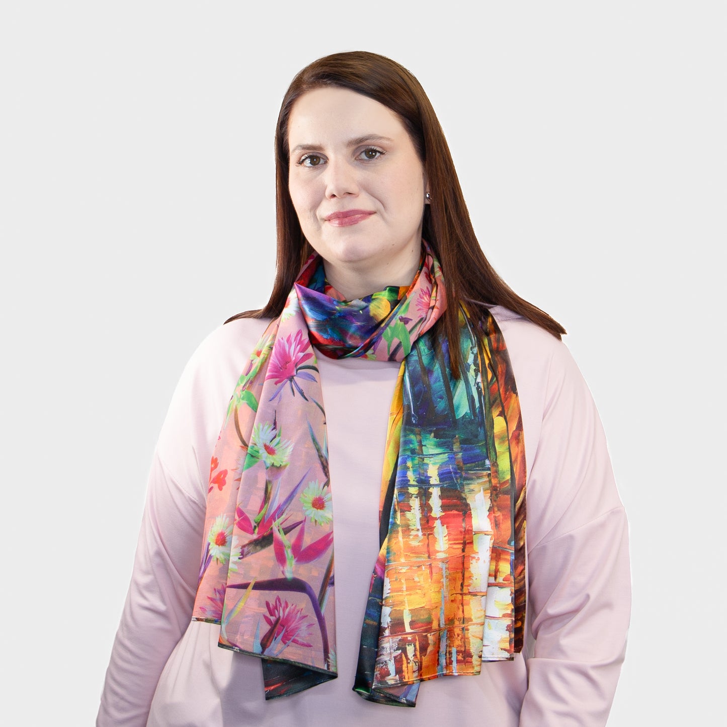 Eșarfă fină și deosebită din satin cu imprimeu față-verso, peisaj urban de toamna și motive florale, 170 x 68 cm - Multicolor