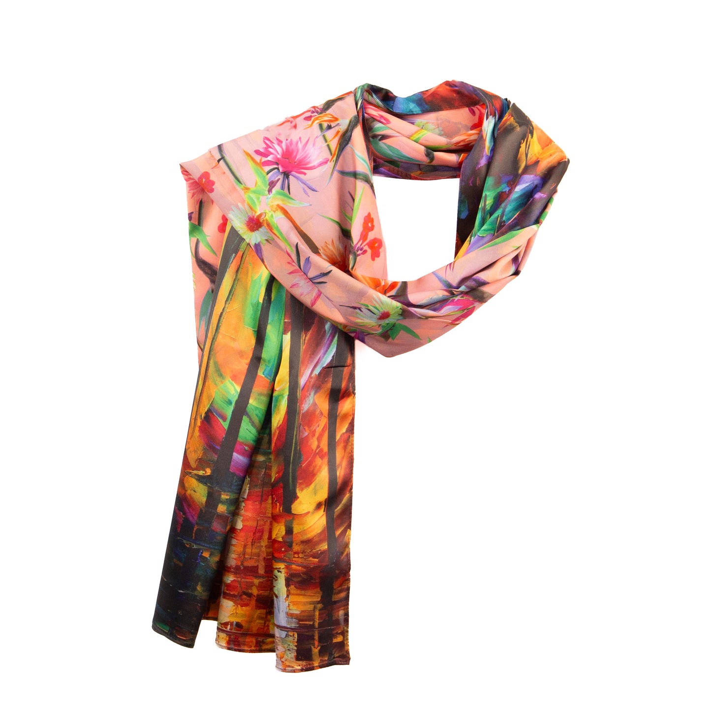 Eșarfă fină și deosebită din satin cu imprimeu față-verso, peisaj urban de toamna și motive florale, 170 x 68 cm - Multicolor