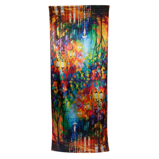 Eșarfă fină și deosebită din satin cu imprimeu față-verso, peisaj urban de toamna și motive florale, 170 x 68 cm - Multicolor