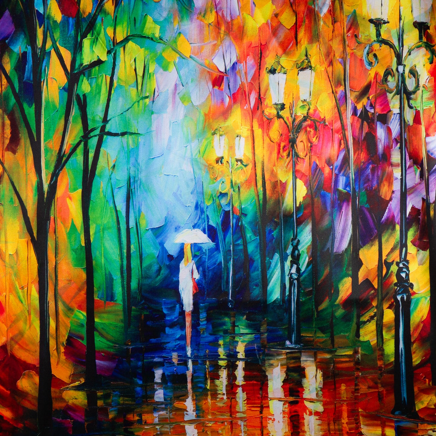 Eșarfă fină și deosebită din satin cu imprimeu față-verso, peisaj urban de toamna și motive florale, 170 x 68 cm - Multicolor
