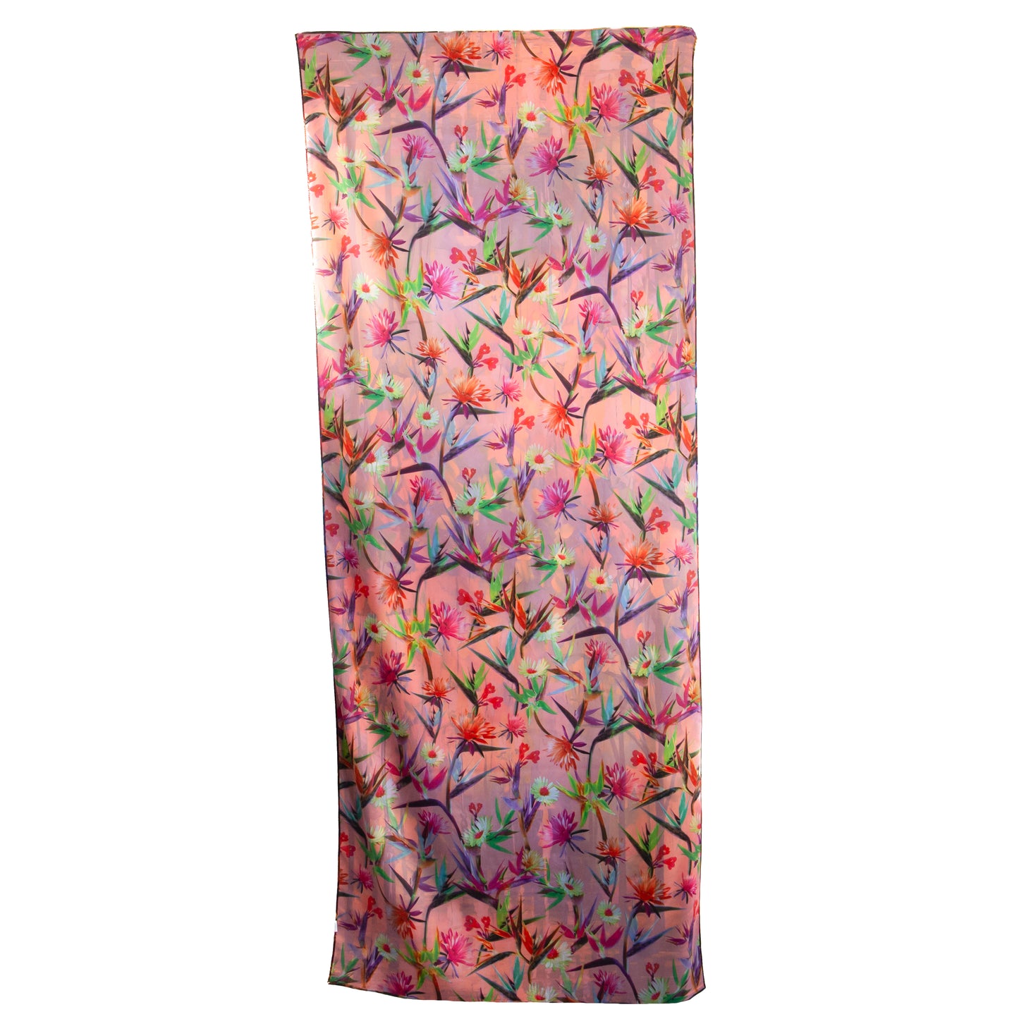 Eșarfă fină și deosebită din satin cu imprimeu față-verso, peisaj urban de toamna și motive florale, 170 x 68 cm - Multicolor