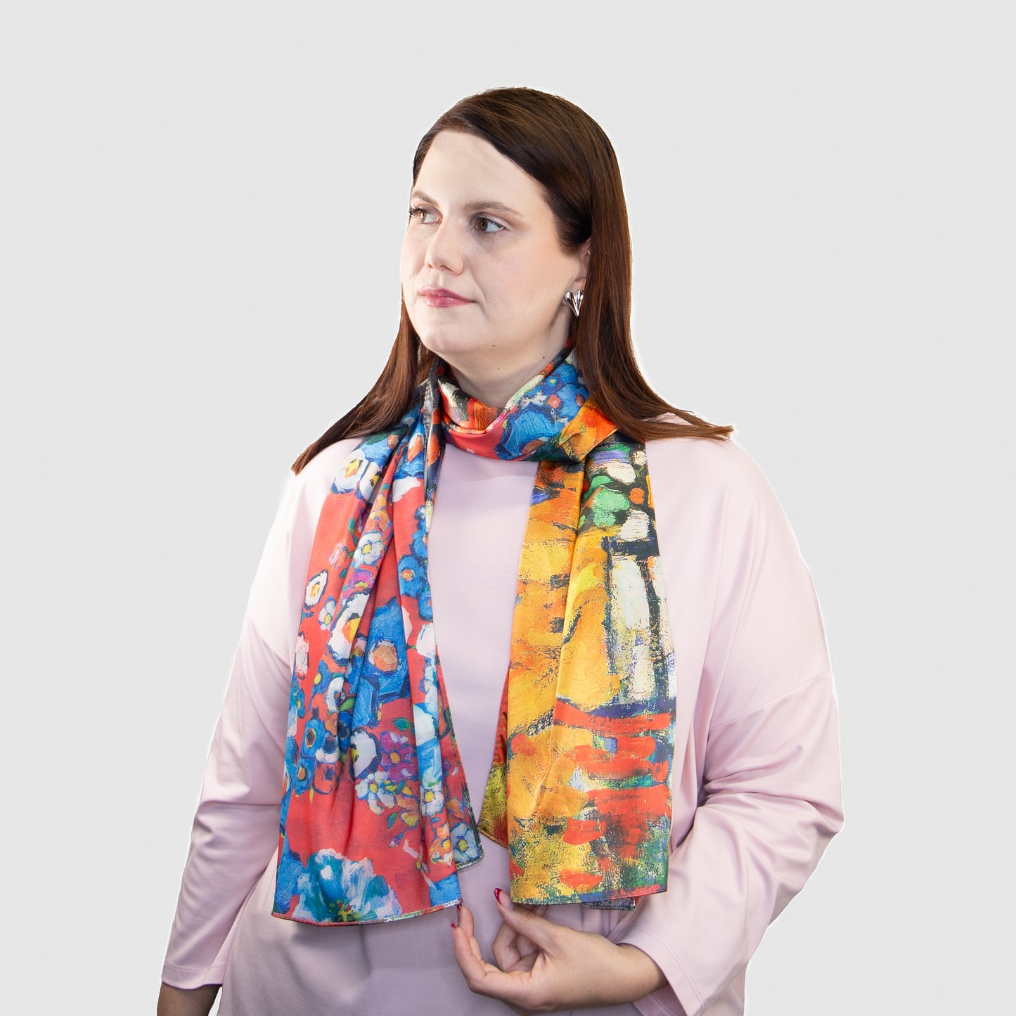 Eșarfă fină și deosebită din satin cu imprimeu față-verso, sat abstract și motive florale, 170 x 65 cm - Multicolor