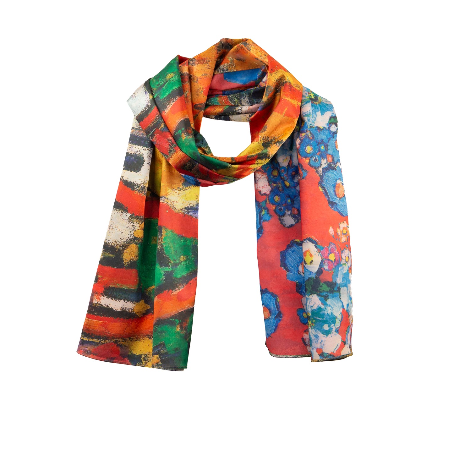 Eșarfă fină și deosebită din satin cu imprimeu față-verso, sat abstract și motive florale, 170 x 65 cm - Multicolor