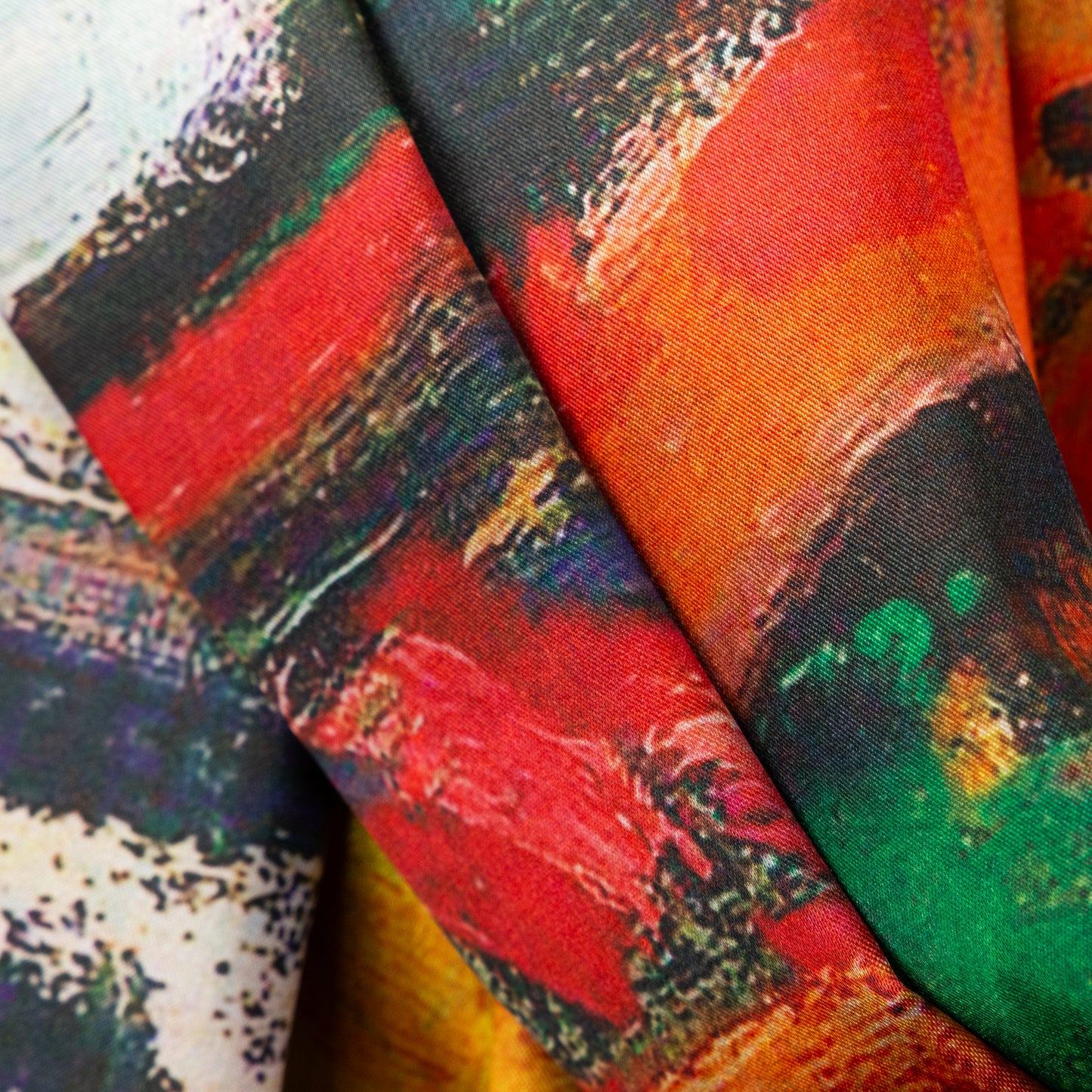Eșarfă fină și deosebită din satin cu imprimeu față-verso, sat abstract și motive florale, 170 x 65 cm - Multicolor