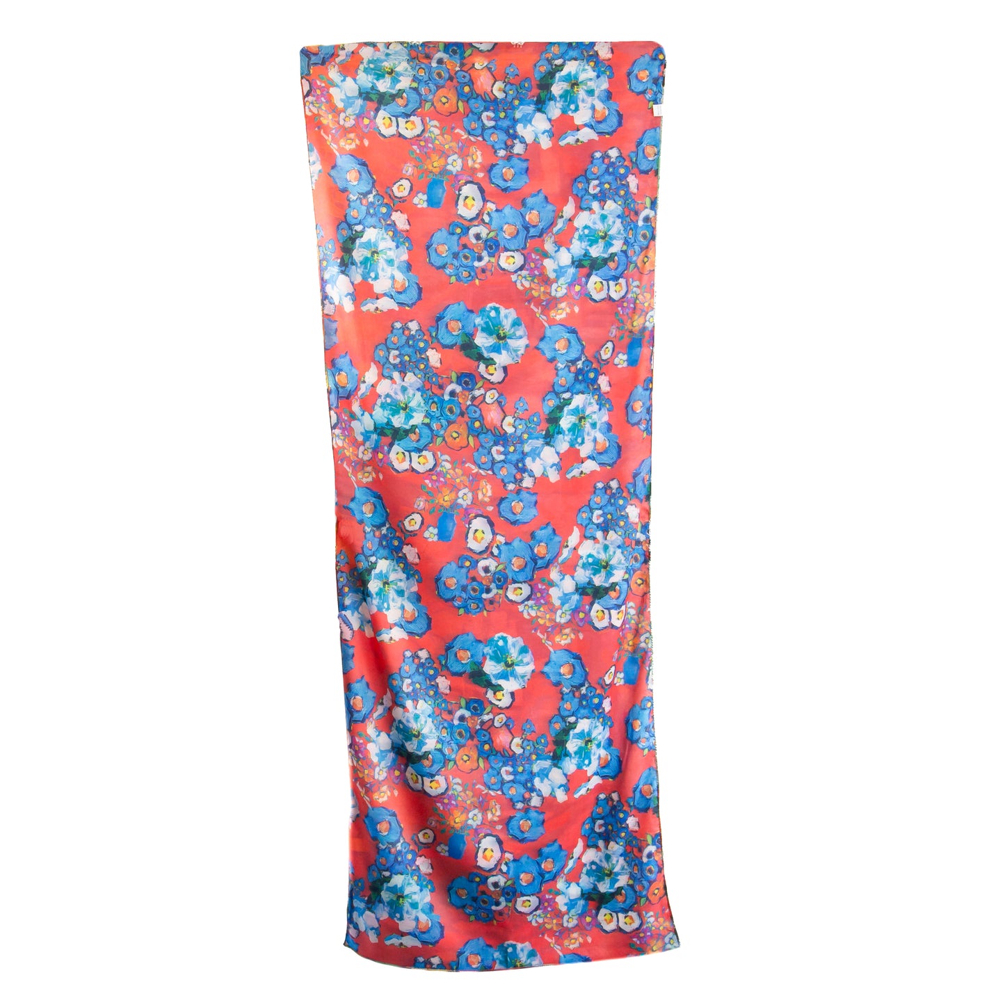 Eșarfă fină și deosebită din satin cu imprimeu față-verso, sat abstract și motive florale, 170 x 65 cm - Multicolor