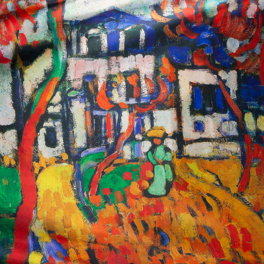 Eșarfă fină și deosebită din satin cu imprimeu față-verso, sat abstract și motive florale, 170 x 65 cm - Multicolor