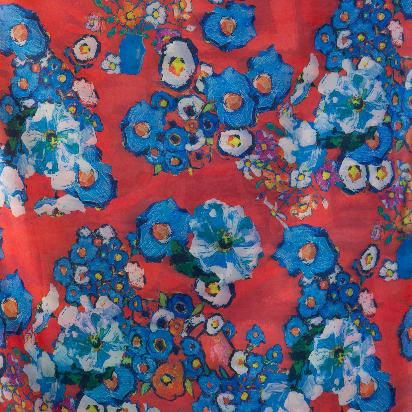 Eșarfă fină și deosebită din satin cu imprimeu față-verso, sat abstract și motive florale, 170 x 65 cm - Multicolor