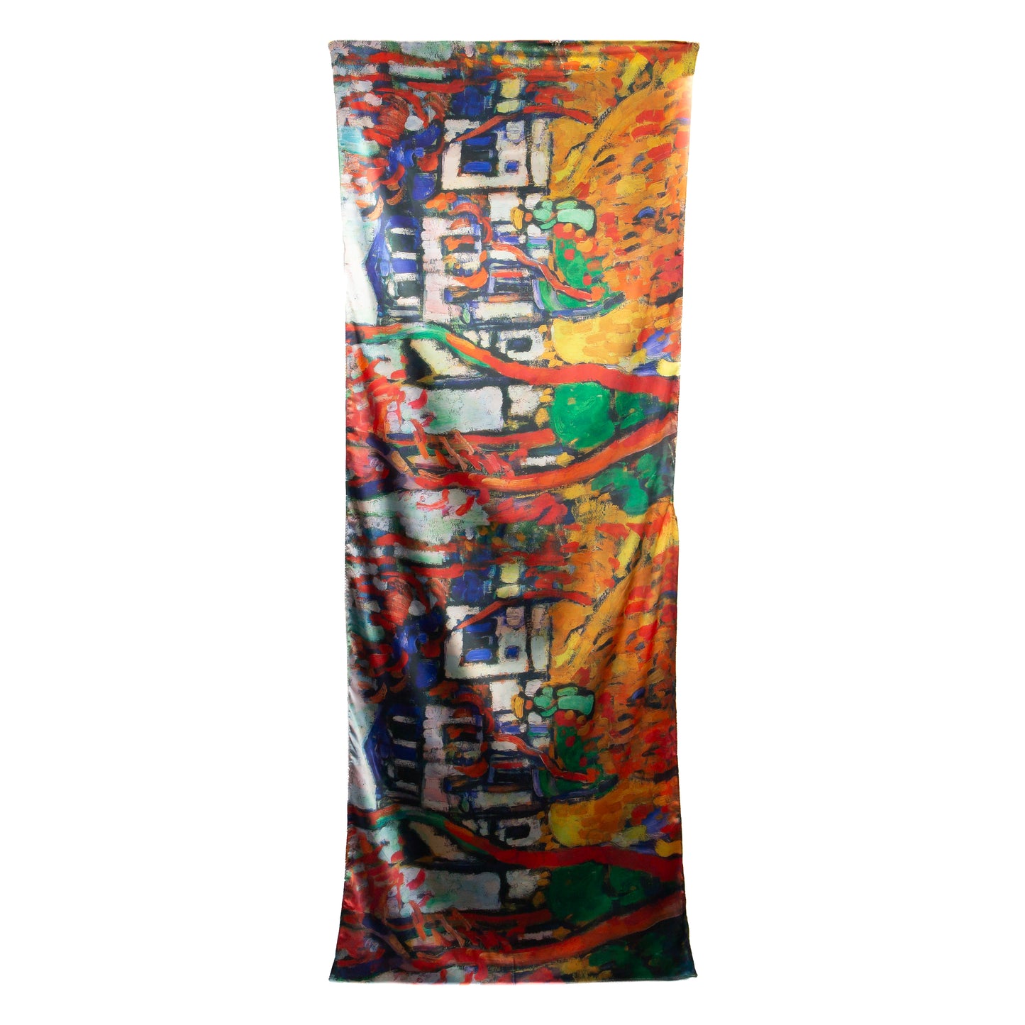 Eșarfă fină și deosebită din satin cu imprimeu față-verso, sat abstract și motive florale, 170 x 65 cm - Multicolor