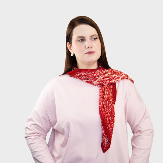 Eșarfă plisată din satin cu flori mici, 120 x 80 cm - Roșu