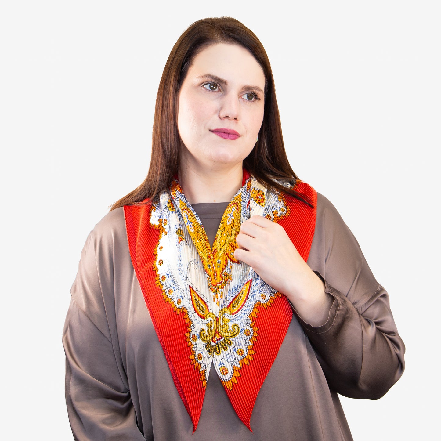 Eșarfă plisată din satin, eleganță orientală, 120 x 80 cm - Roșu, Portocaliu