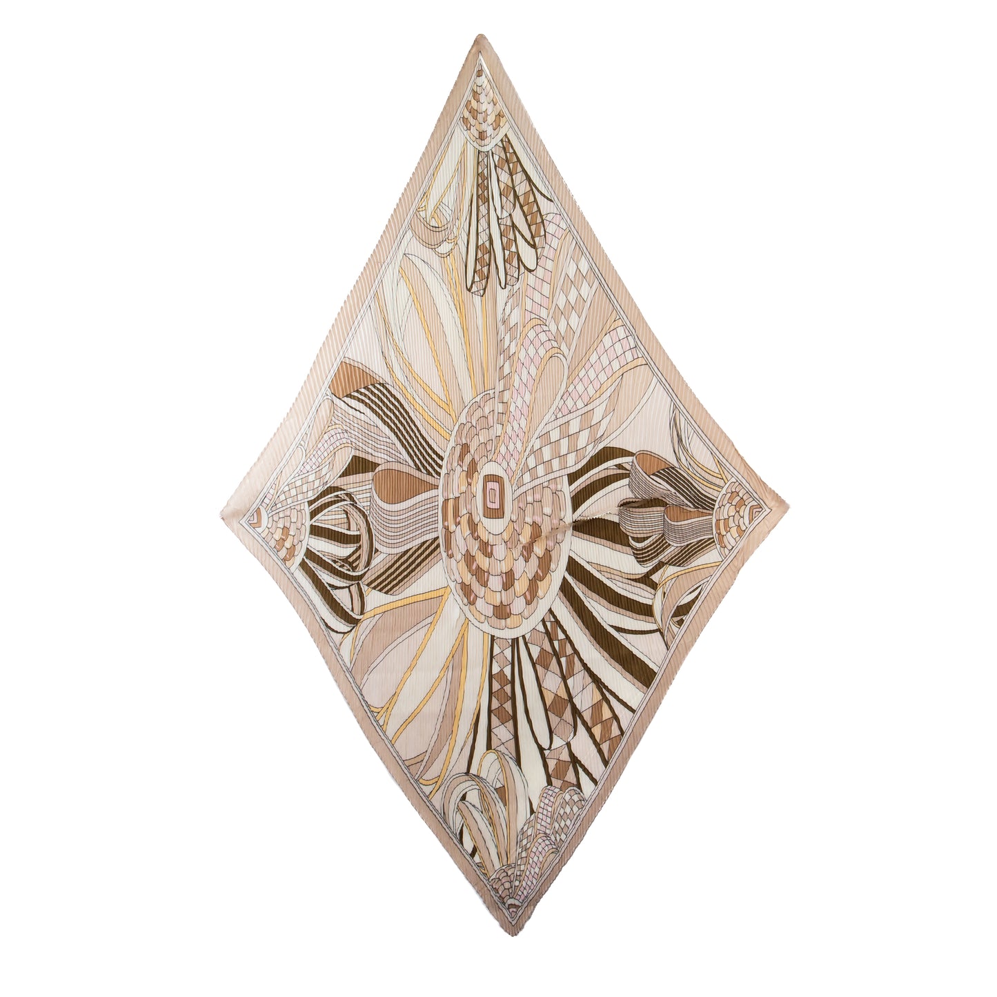 Eșarfă plisată din satin, motive geometrice elegante, 120 x 80 cm - Maro