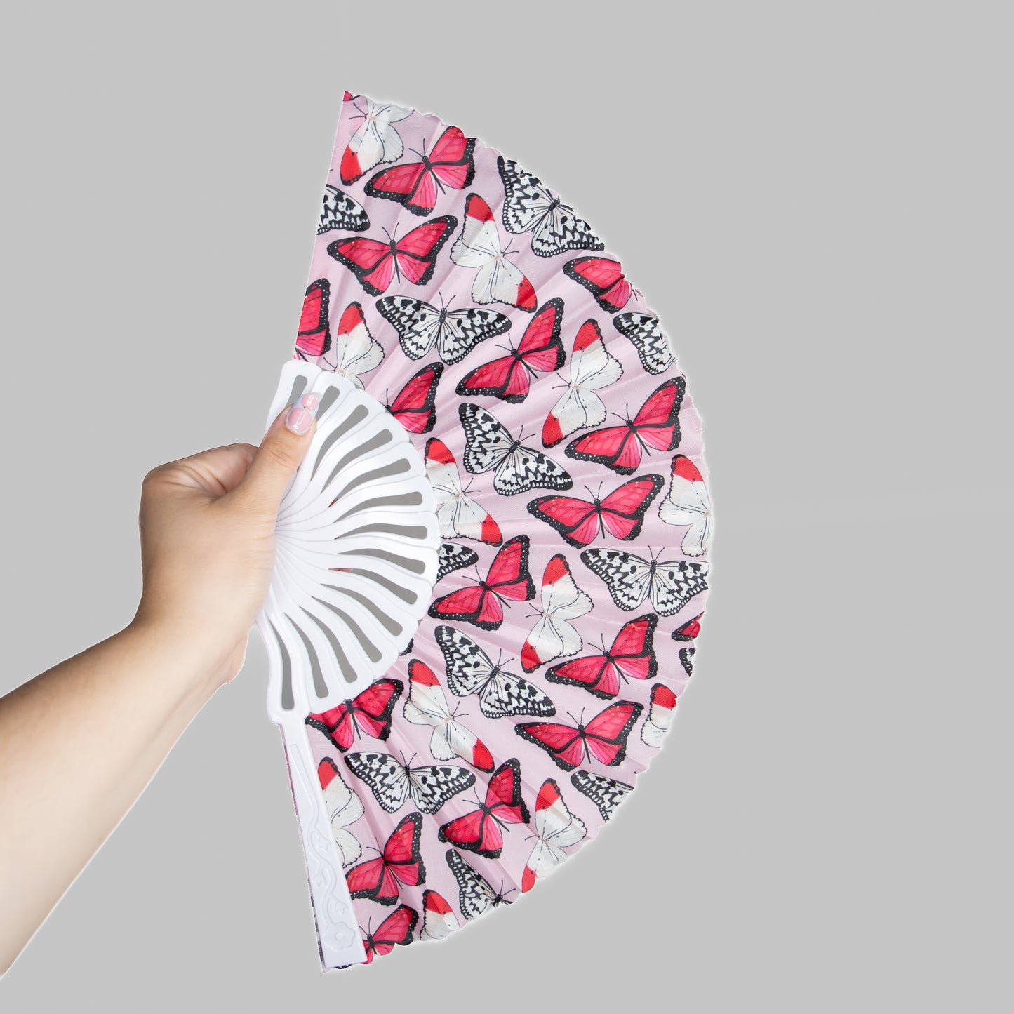 Evantai pliabil ușor, 23 cm, motiv fluturi - Pink Wings