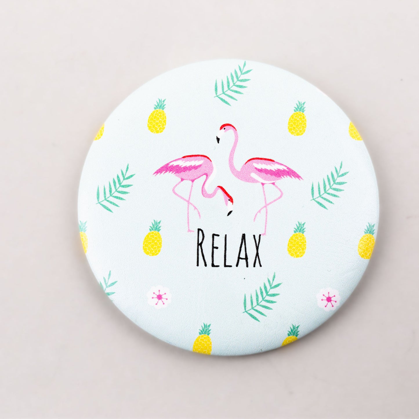 Oglindă de poșetă, formă rotundă cu o parte, model relax - Flamingo Dance