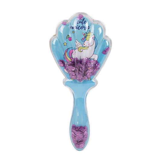 Perie păr copii cu formă de scoică, transparent cu confetti - Dreamy Unicorn