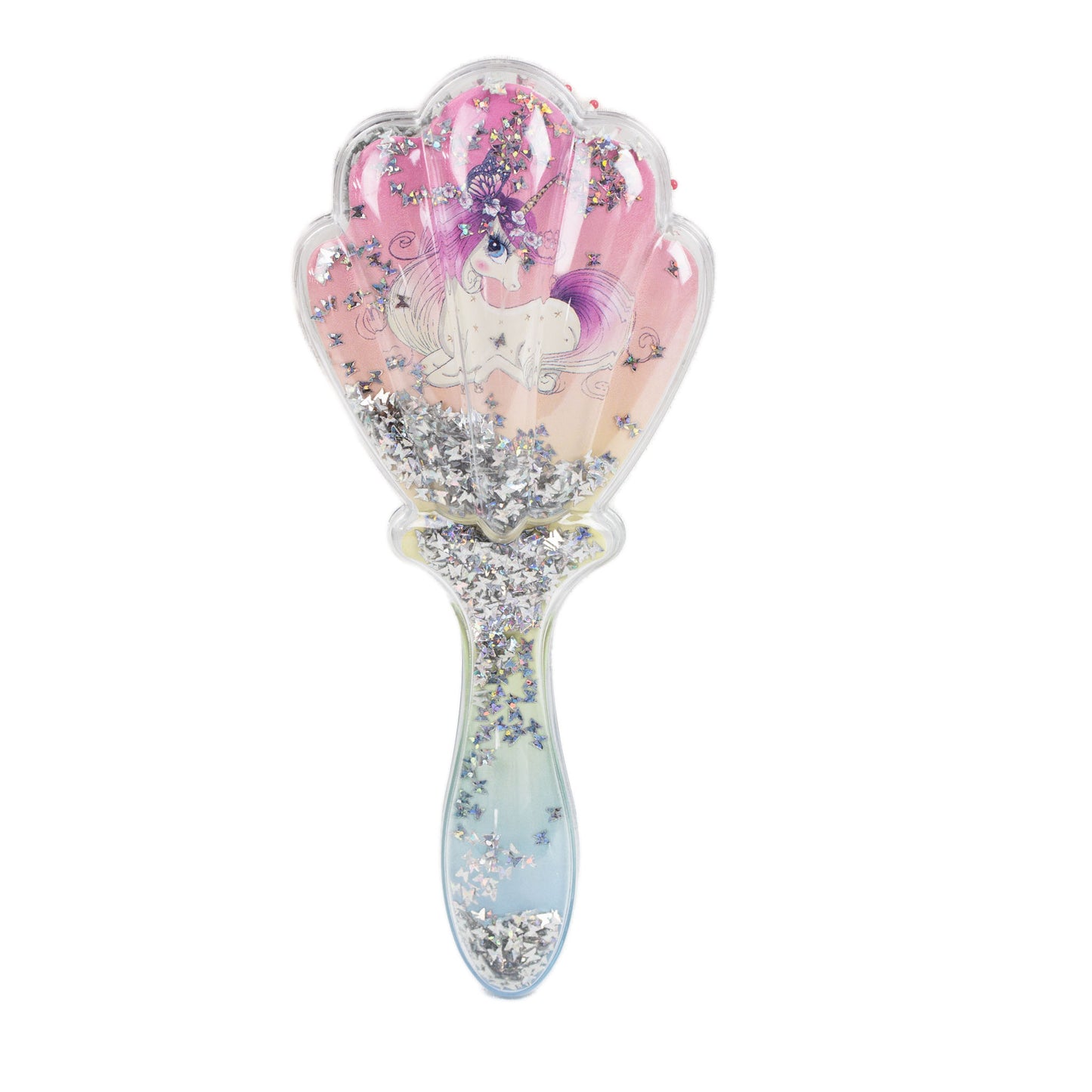 Perie păr copii cu formă de scoică, transparent cu confetti - Fairy Unicorn