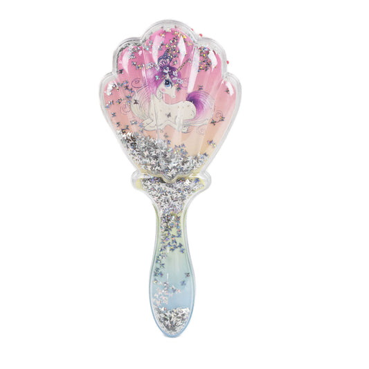 Perie păr copii cu formă de scoică, transparent cu confetti - Fairy Unicorn