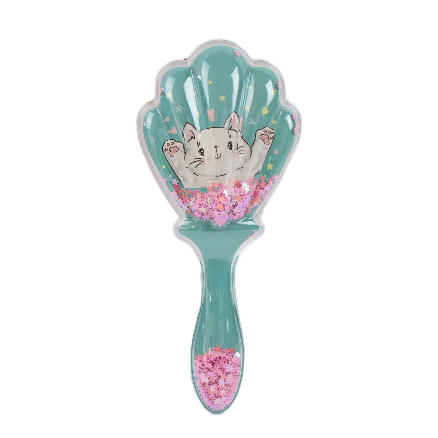 Perie păr copii cu formă de scoică, transparent cu confetti - Playful Cat