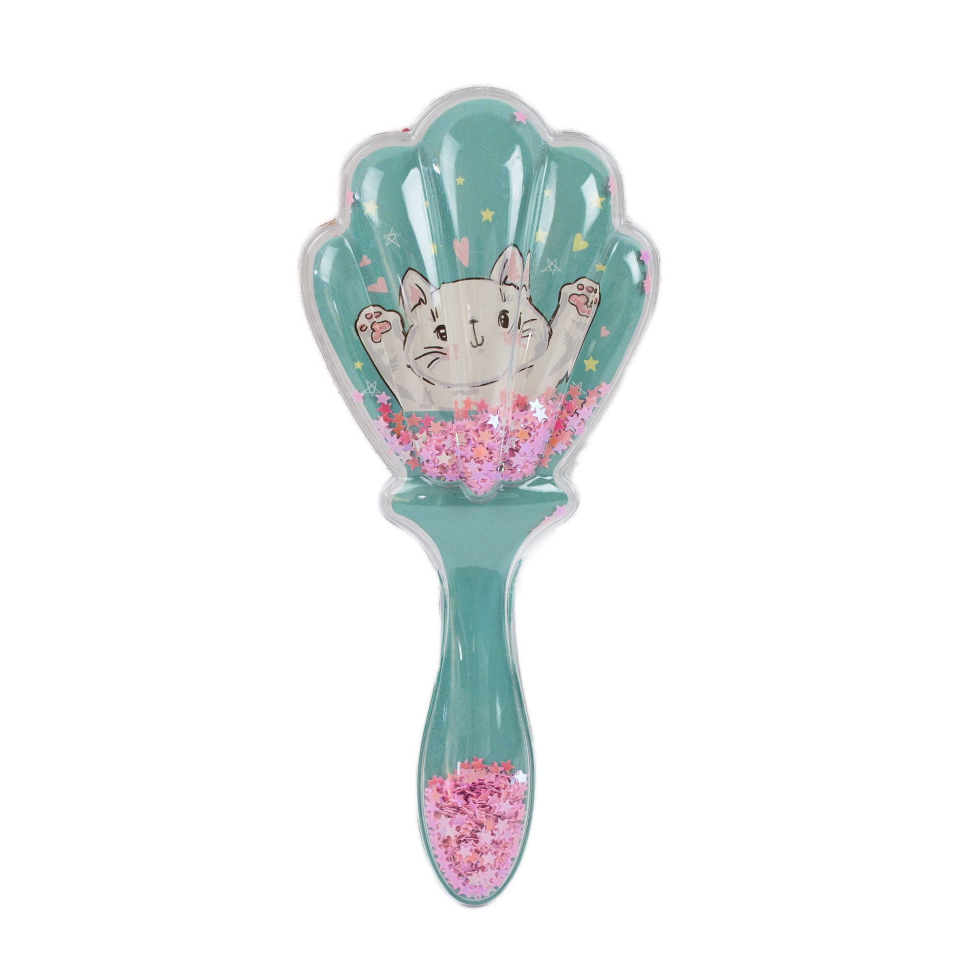 Perie păr copii cu formă de scoică, transparent cu confetti - Playful Cat
