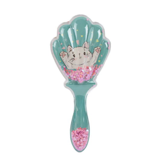 Perie păr copii cu formă de scoică, transparent cu confetti - Playful Cat