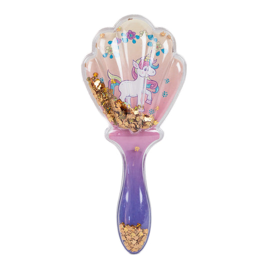 Perie păr copii cu formă de scoică, transparent cu confetti - Unicorn Pose