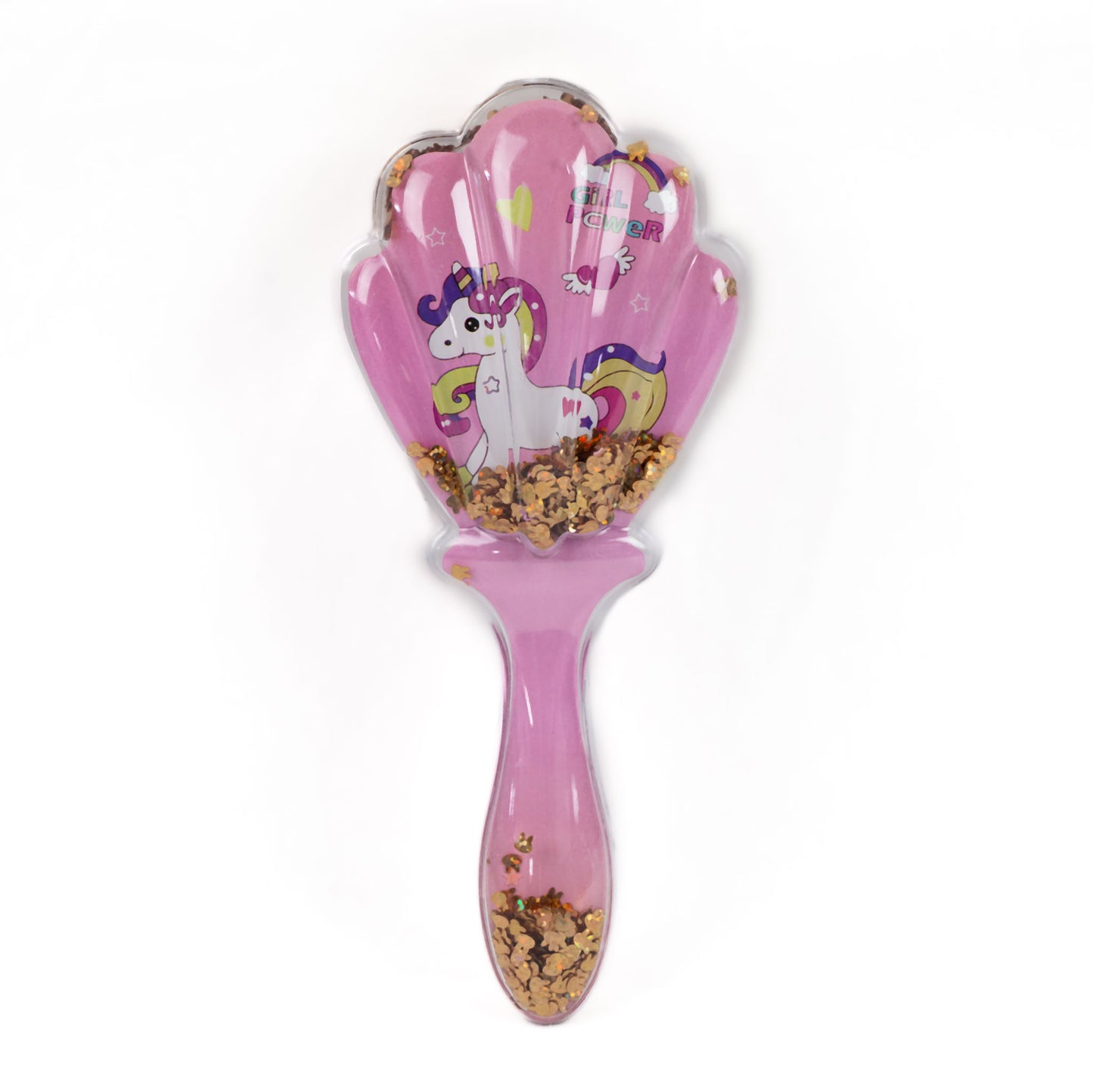 Perie păr copii cu formă de scoică, transparent cu confetti - Unicorn Power