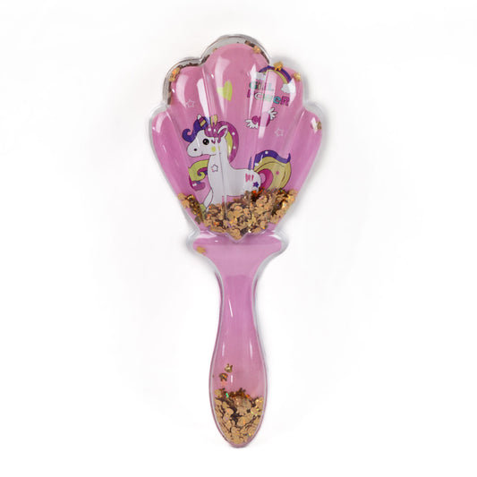 Perie păr copii cu formă de scoică, transparent cu confetti - Unicorn Power