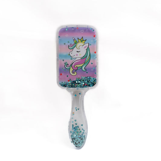 Perie păr copii cu formă pătrată, transparent cu confetti - Green Unicorn